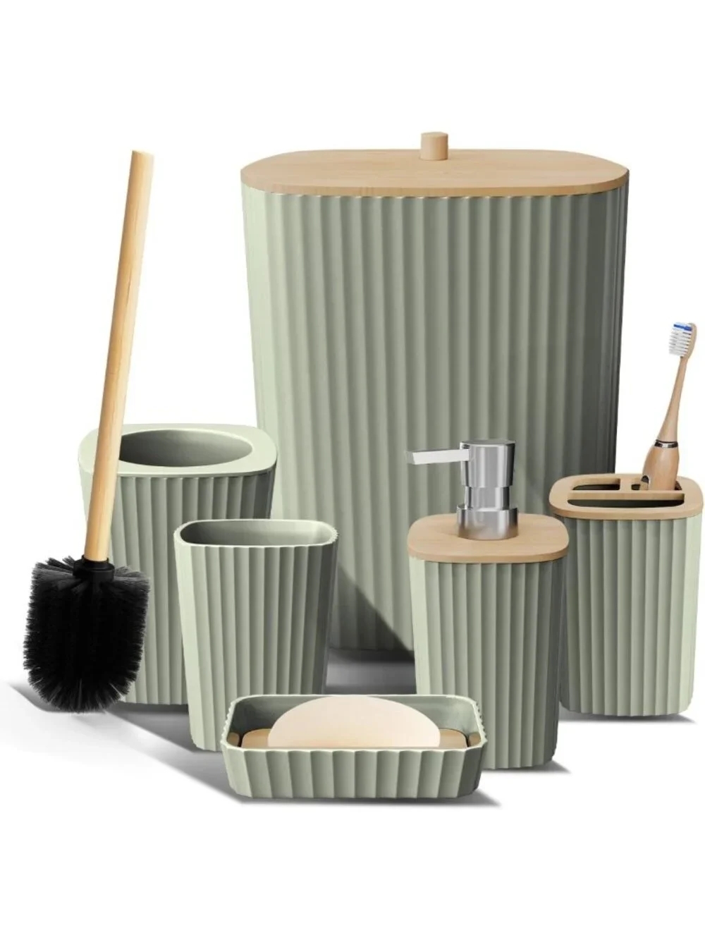 Sage Green 6PC Bathroom Accessories Set - Toilet Brush, Trash Can & Soap